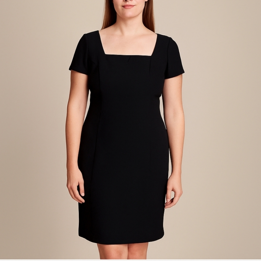 Classic Black Sheath Cap Sleeve Box Neck Knee Length Business Dress. Size 14